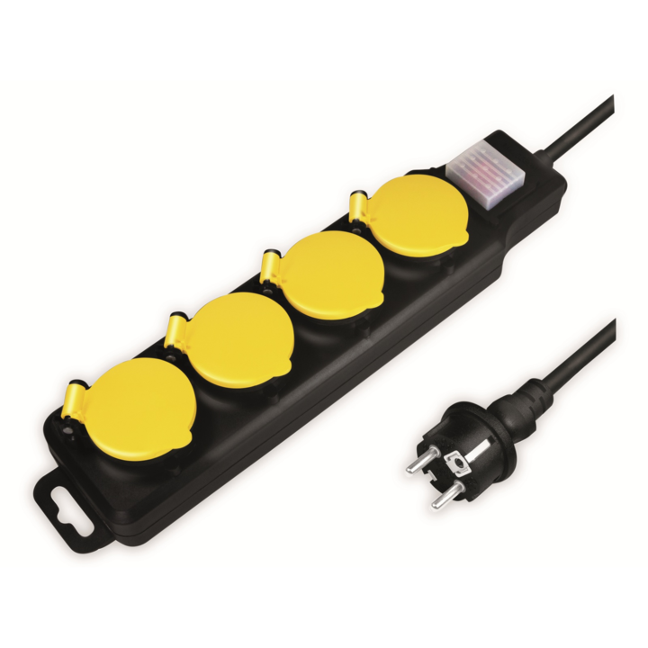 Удължител Logilink LPS254, 4 контакта Schuko, мъжка връзка Schuko, кабел 1,5 m, 16 A, защита от пръски, черно/жълто