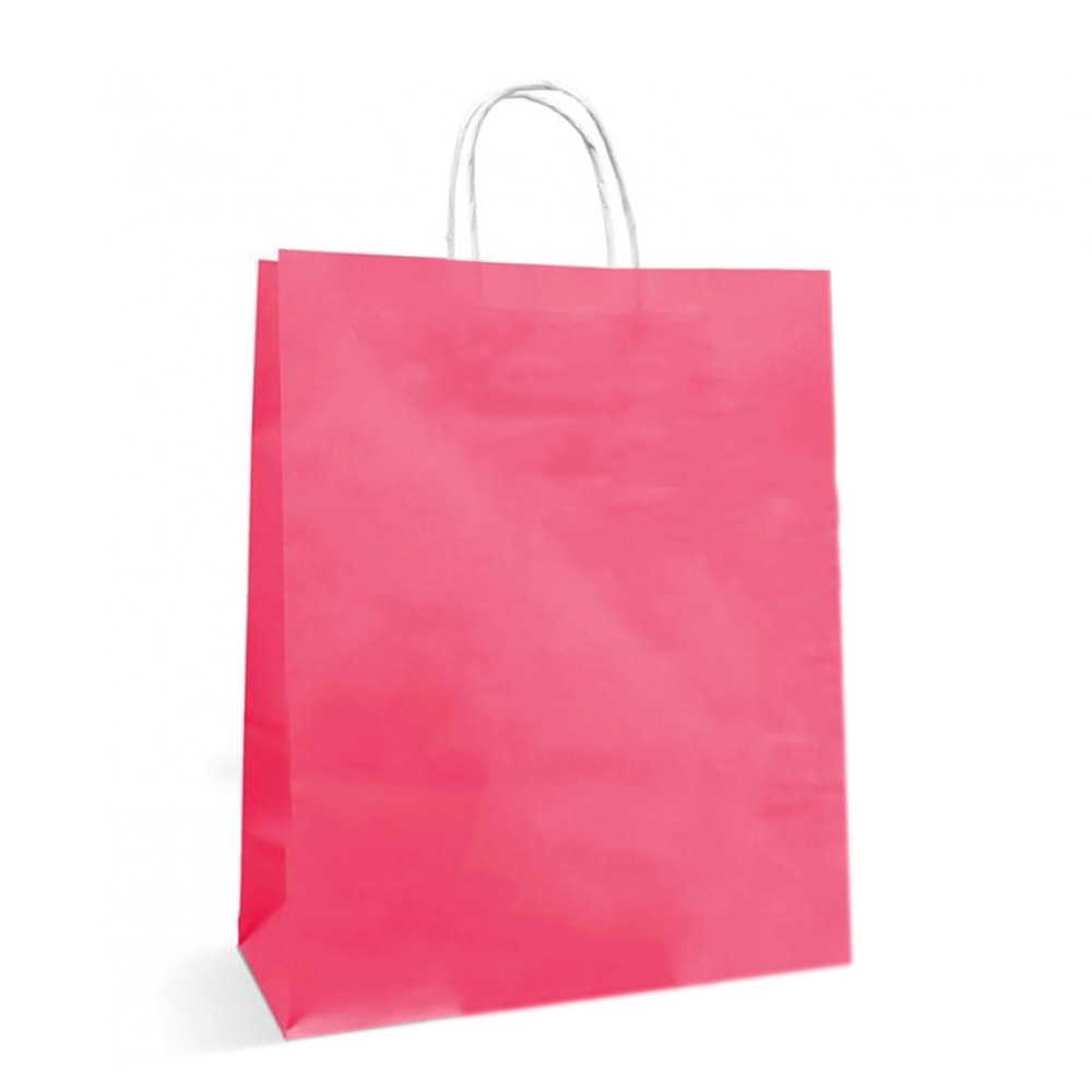 Pungi Cadou din Hartie Alba cu Tipar Roz 25x10x30 cm, 100 buc/bax - Sacosa din Hartie cu Tipar Roz, Plase Roz Deschis Brandpaper