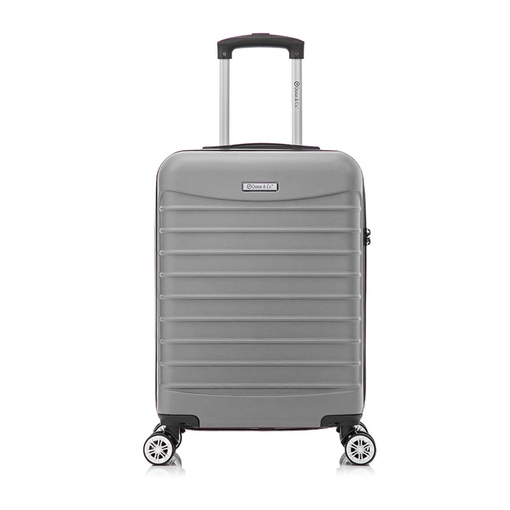 Кабинен куфар Quasar & Co.®, модел LINE, 55x36x20 см, пътнически куфар за ръчен багаж, ABS 2.8 мм, двойно защитен цип, кодово заключване, телескопична дръжка, 4 двойни безшумни колела 360°, до 10 кг, Сребърен