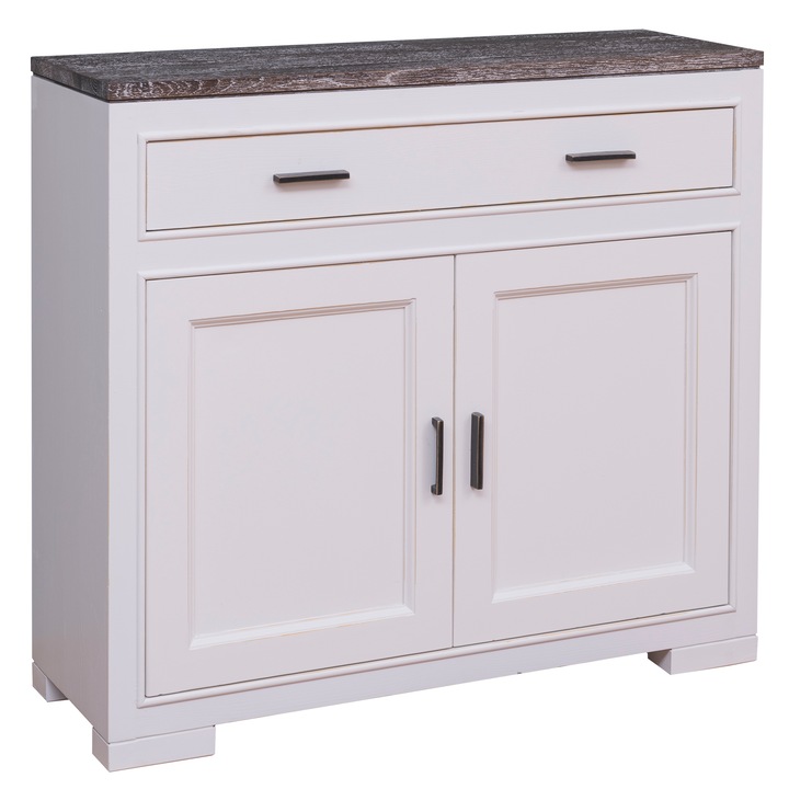 Comoda Szel-Mob cu 2 usi si 1 sertar pure, blat stejar, sertar pe sina metalica, culoare top gri inchis, culoare corp alb murdar, dublu color, 100% lemn masiv, 100x35x90 cm