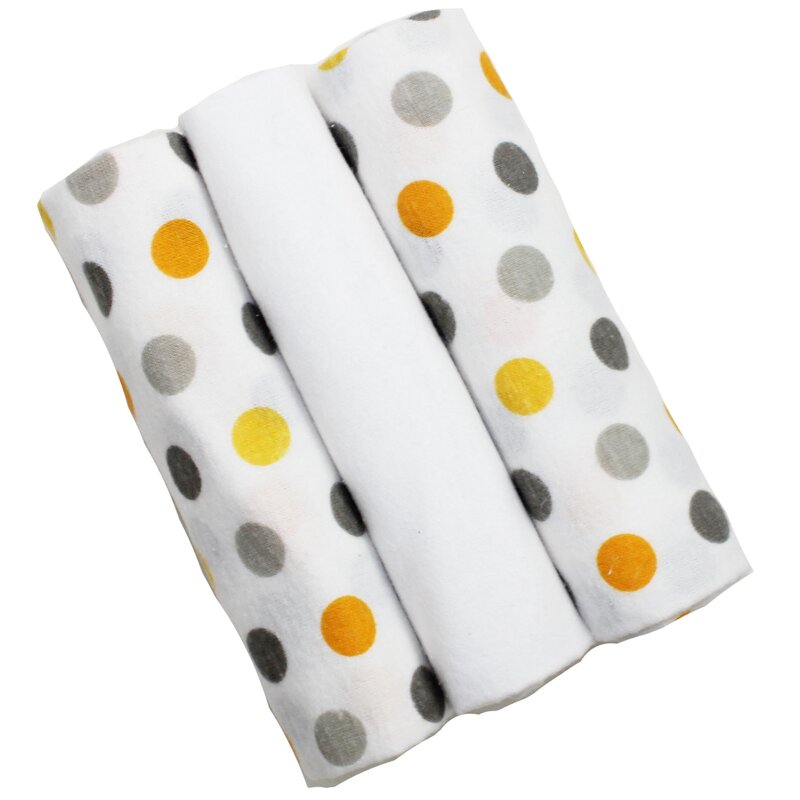 Set 3 scutece, bumbac, alb cu buline galbene si gri, 80x70 cm