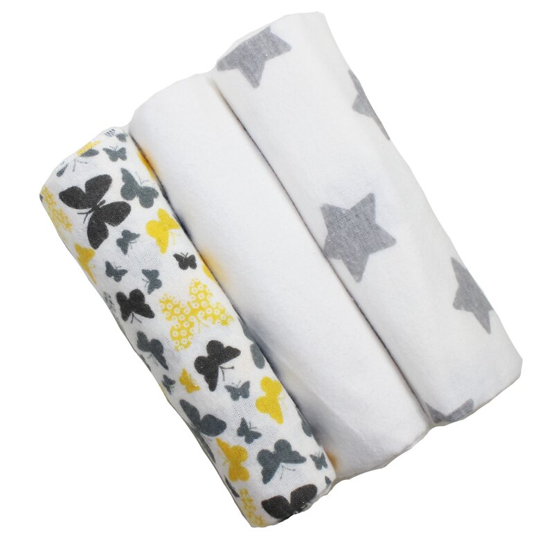 Set 3 scutece, fluturasi galbeni si stelute gri, 80x70 cm