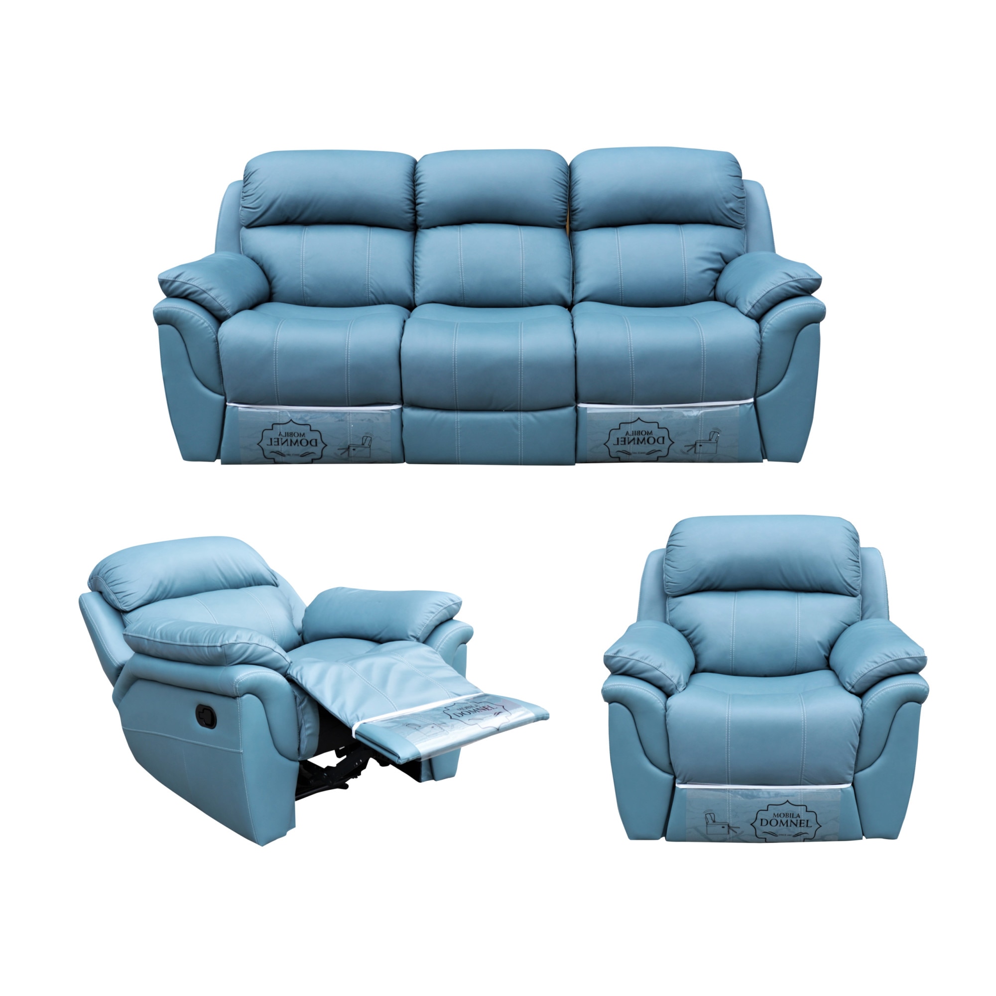 Set Model 2458, Mobila Domnel, Canapea 3 locuri cu 2 reclinere manuale si 2 fotolii cu recliner manual, Piele naturala suprafata de contact, Albastru B-3845-65
