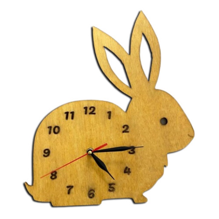 Ceas de perete Lumea Animalelor, Iepuras, personalizabil, lemn, 30 cm