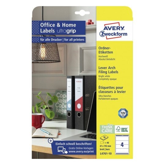Etichete Avery Zweckform L4761-10, pentru biblioraft 4/A4, 61 x 192 mm, 10 coli/top