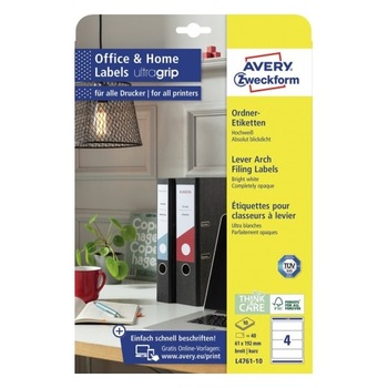 Etichete Avery Zweckform L4761-10, pentru biblioraft 4/A4, 61 x 192 mm, 10 coli/top Etichete Avery Zweckform L4761-10, pentru biblioraft 4/A4, 61 x 192 mm, 10 coli/top
