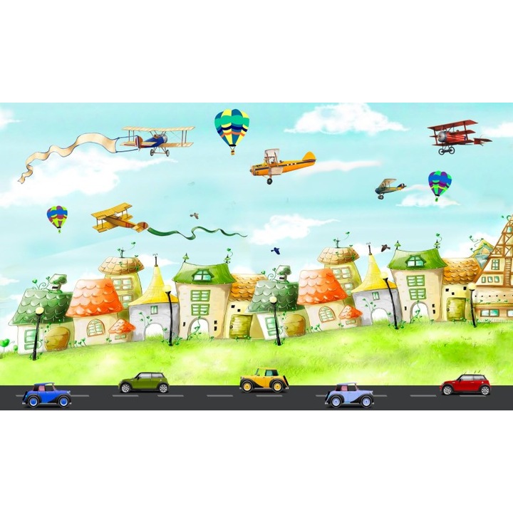 Fototapet desene oras cu masini si avioane 300x200cm hartie blueback