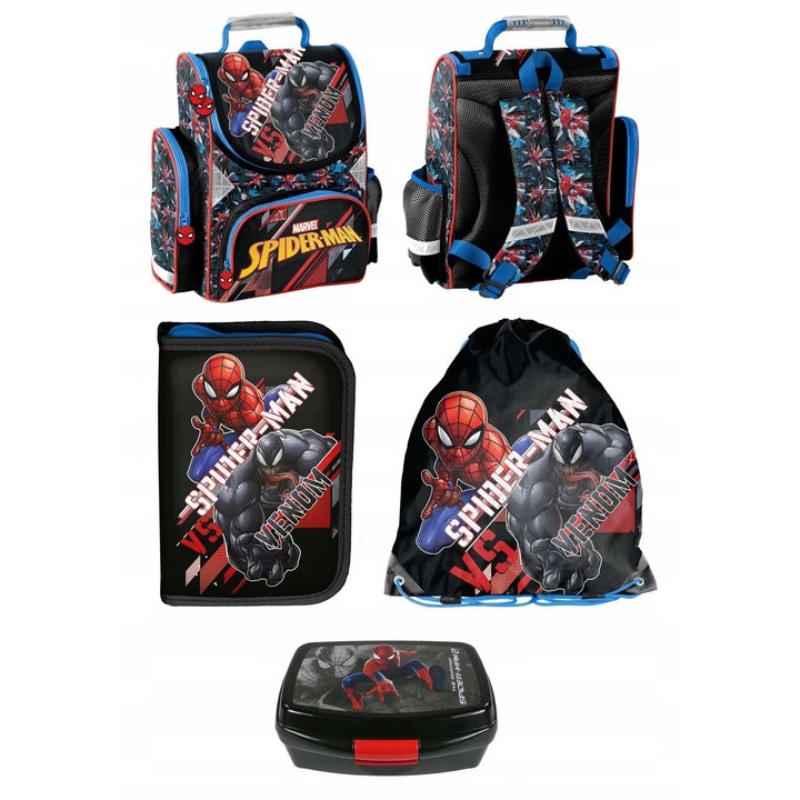 Комплект ученическа раница Spiderman с несесер, сгъваема чанта за обувки, Кутия за храна