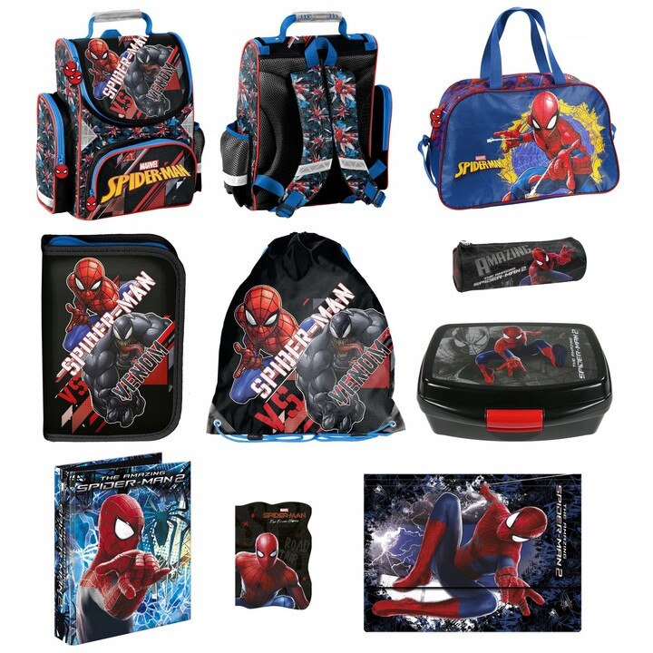 Set ghiozdan scoala spiderman, penar, geanta pliabila incaltaminte, husa, cutie pentru alimente, geanta sport, caiet, liant, servieta, multicolor