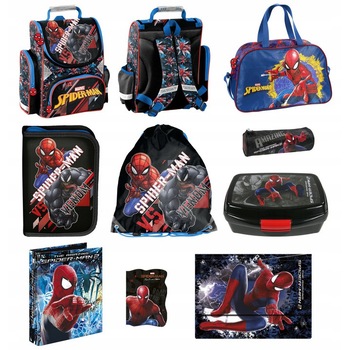 Set ghiozdan scoala spiderman, penar, geanta pliabila incaltaminte, husa, cutie pentru alimente, geanta sport, caiet, liant, servieta, multicolor Set ghiozdan scoala spiderman, penar, geanta pliabila incaltaminte, husa, cutie pentru alimente, geanta sport, caiet, liant, servieta, multicolor