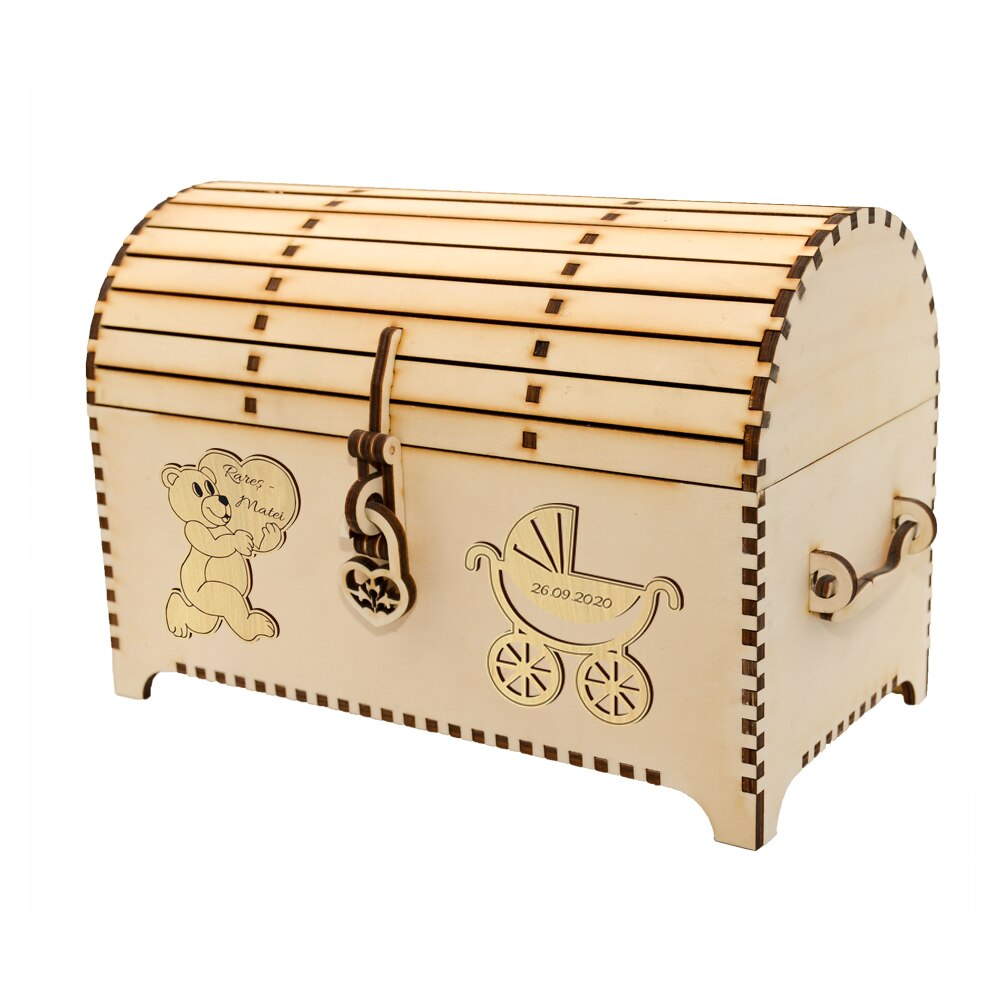 Cufar pentru trusou botez, personalizat, din lemn, lucrat manual