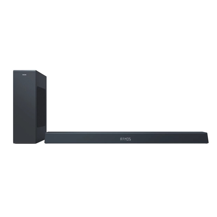 Soundbar Philips 2.1 cu subwoofer wireless, Woofer de 1 x 5,25", DTS Play-Fi, Google / Alexa si Apple Airplay 2, Spotify Connect, 200 W, Dolby Atmos, Negru