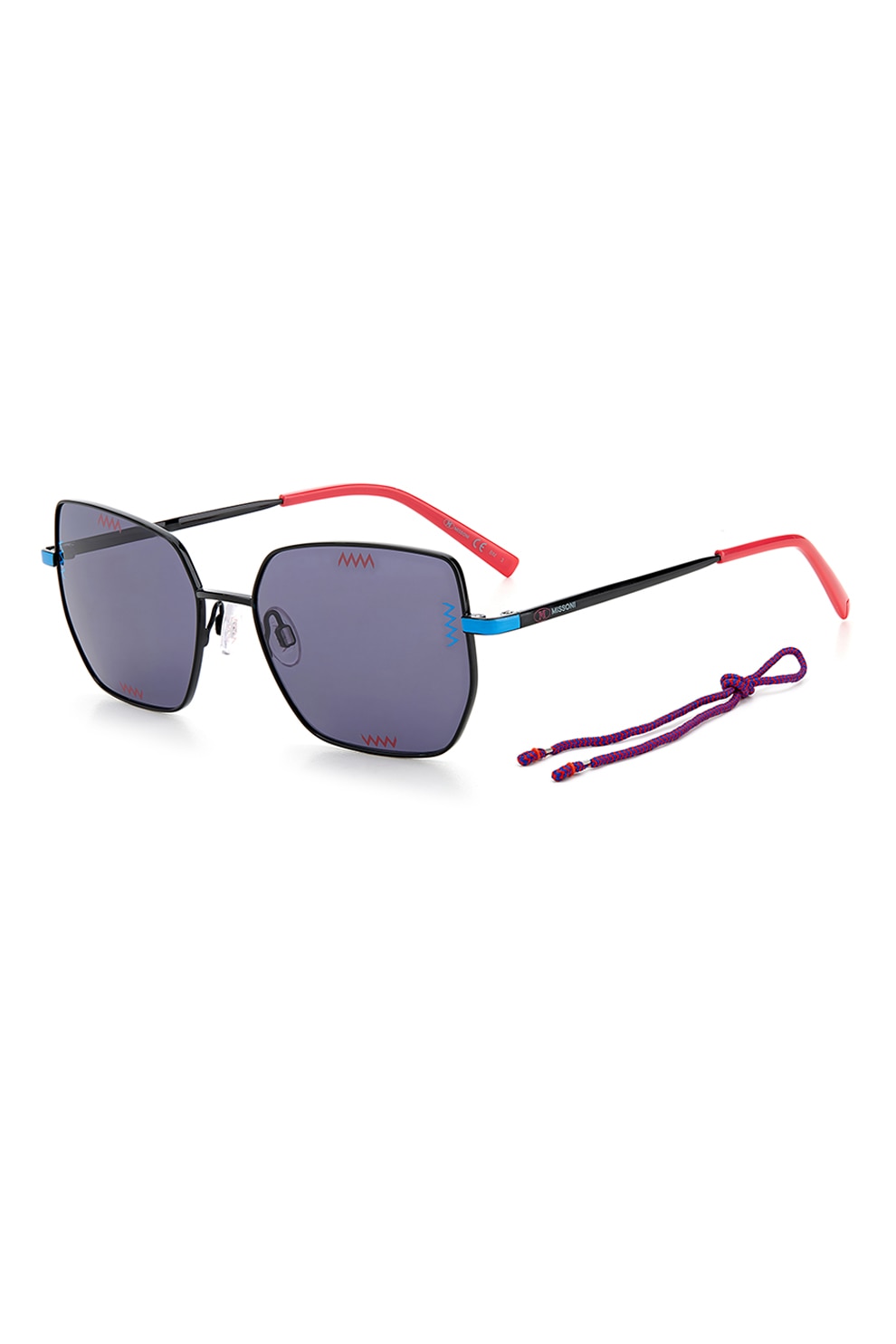 M Missoni, Ochelari de soare dreptunghiulari cu rama metalica, Negru/Violet/Rosu, 54-17-140 Standard