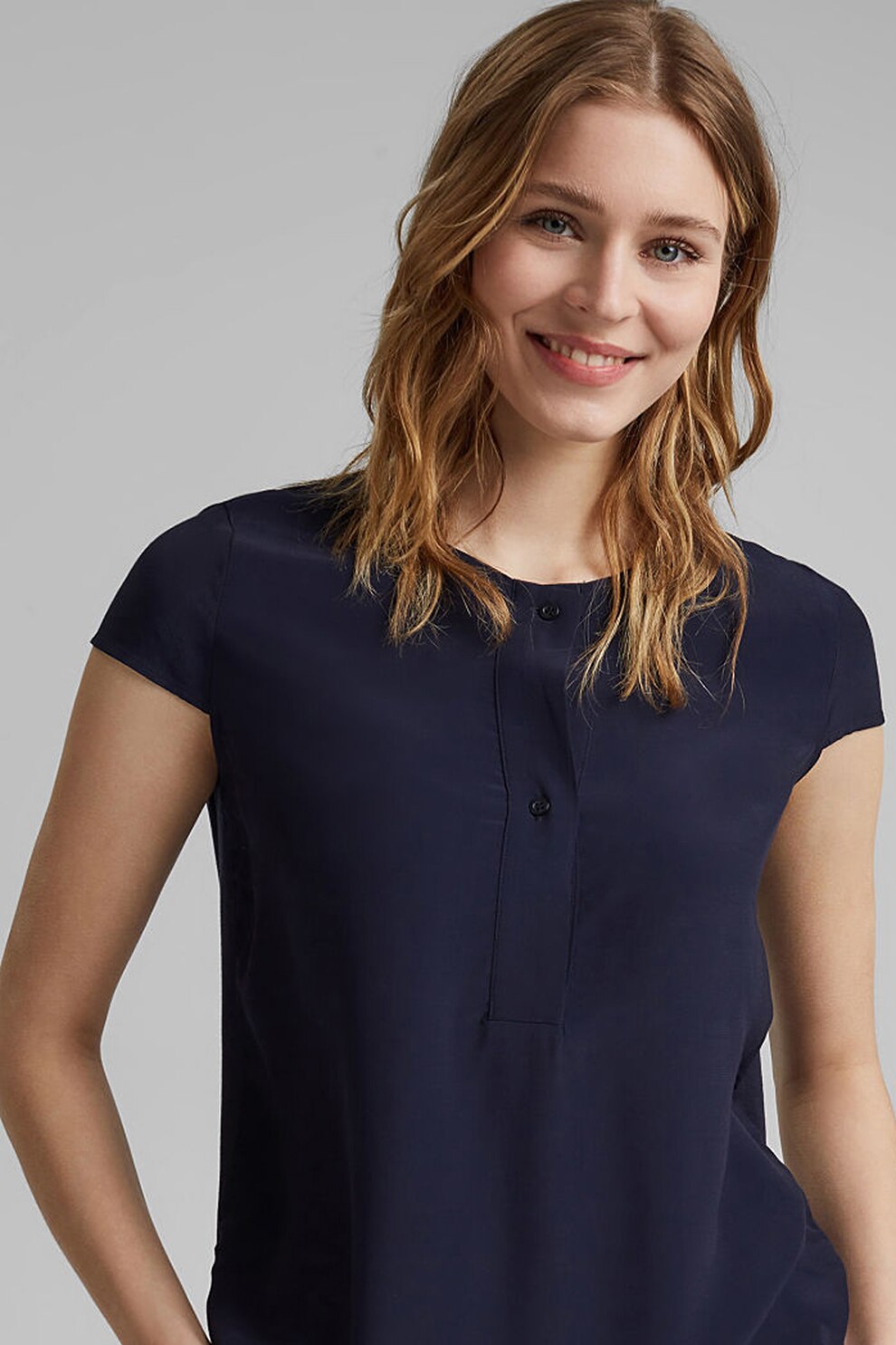Esprit, Bluza cu decolteu rotund si nasturi, Bleumarin