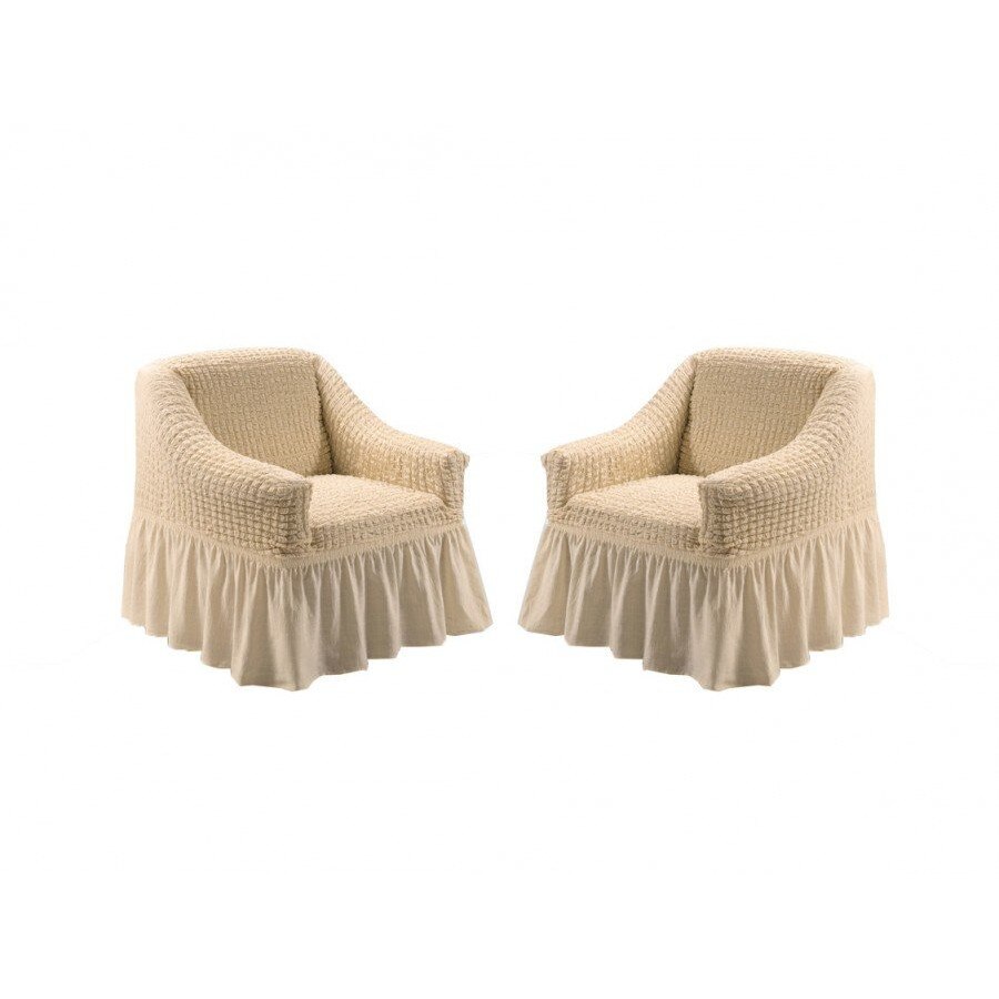 Set 2 huse elastice din material creponat, cu volan, pentru fotoliu, 60x80 cm, Bej(deschis)