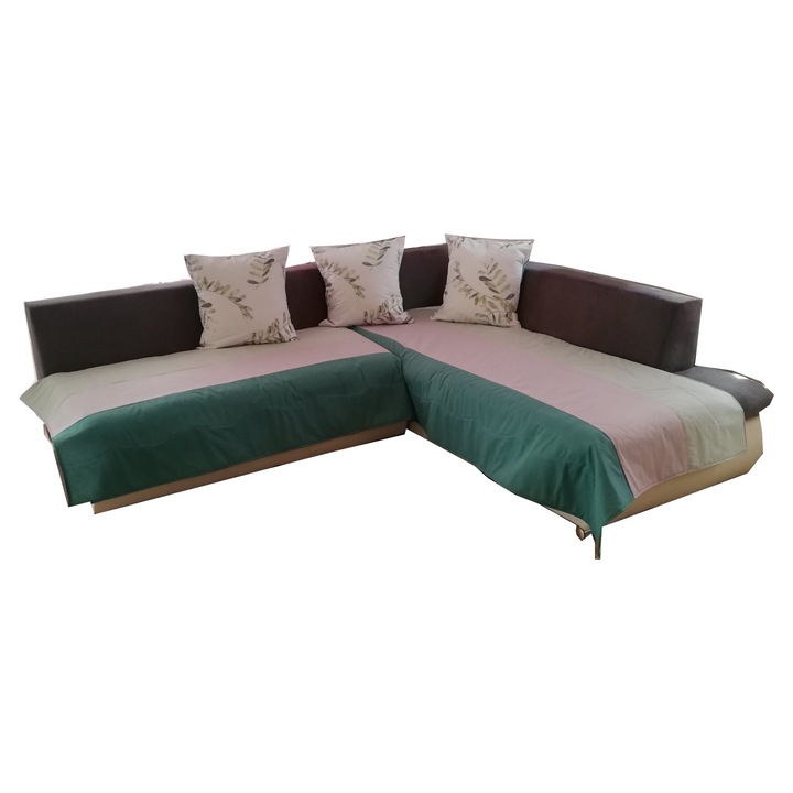 Set 2 huse de protectie coltar si 3 perne decorative, Model dungi olive/gri/verde deschis, 5 piese