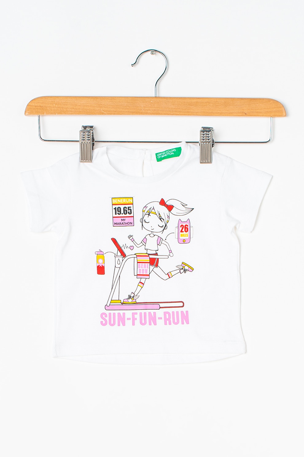 United Colors of Benetton, Tricou cu imprimeu si decolteu la baza gatului, Alb/Roz