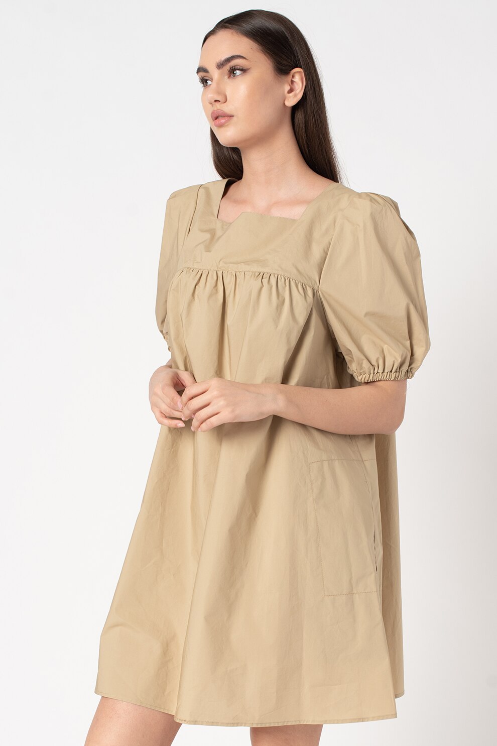 United Colors of Benetton, Rochie mini cu maneci bufante, Maro camel