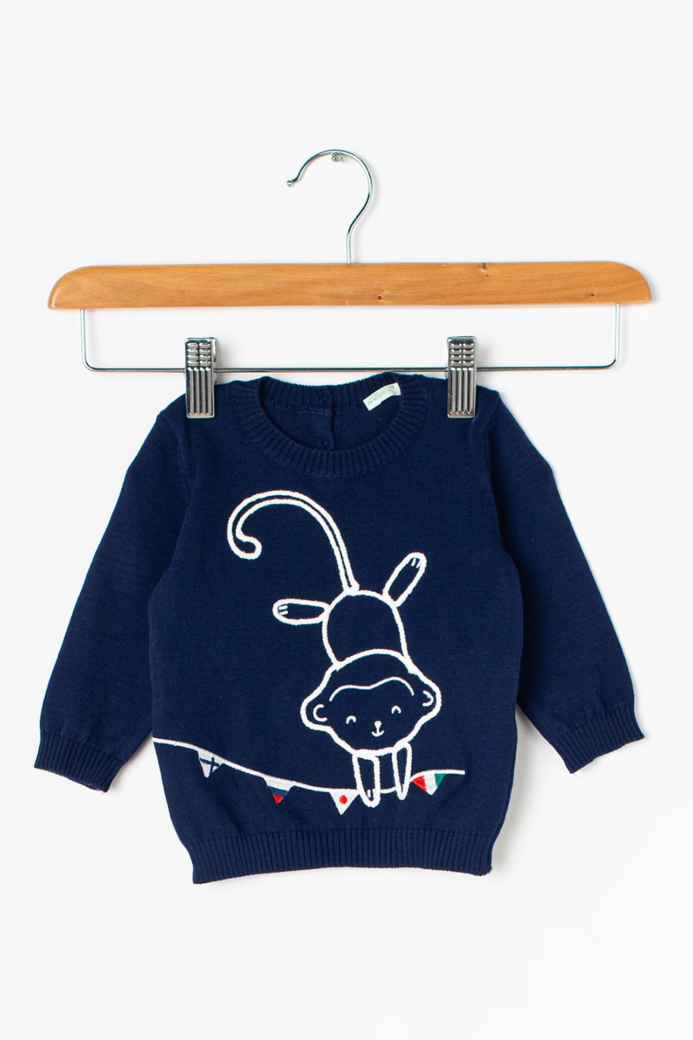 United Colors of Benetton, Pulover cu decolteu la baza gatului si broderie, Bleumarin/Alb, 74 CM