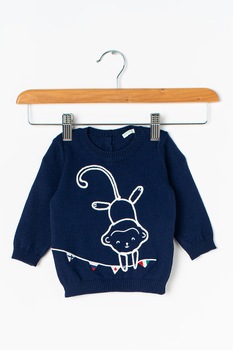 United Colors of Benetton, Pulover cu decolteu la baza gatului si broderie, Bleumarin/Alb, 74 CM United Colors of Benetton, Pulover cu decolteu la baza gatului si broderie, Bleumarin/Alb, 74 CM