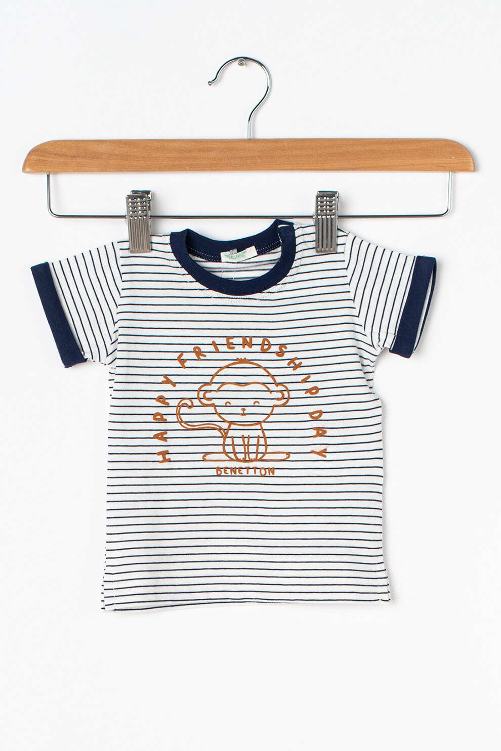 United Colors of Benetton, Tricou de bumbac organic cu dungi, Alb/Bleumarin