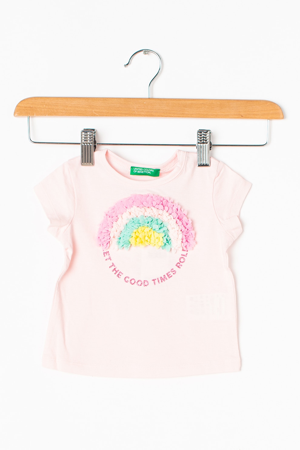 United Colors of Benetton, Tricou de bumbac cu aplicatie decorativa, Roz/Verde/Galben