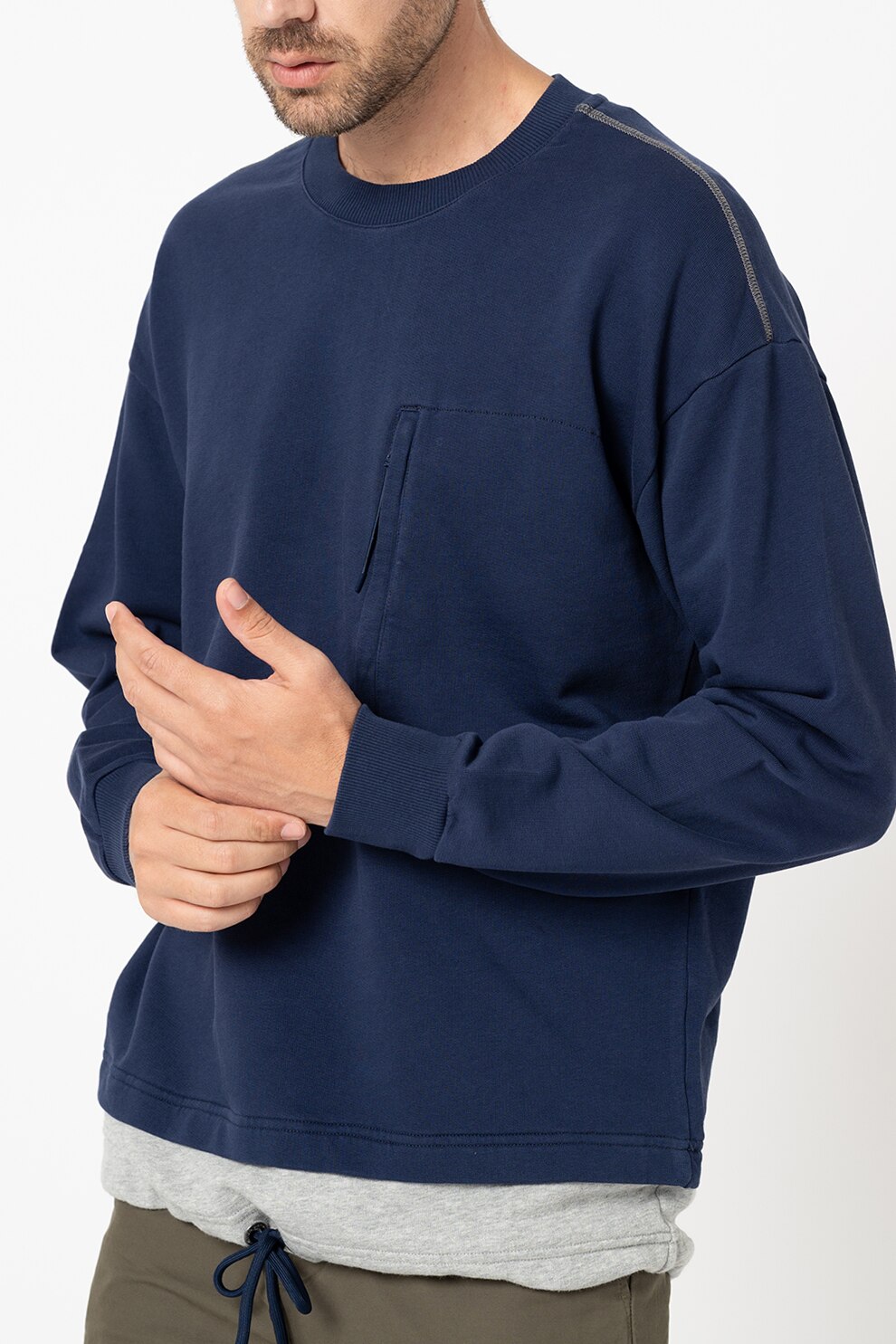 United Colors of Benetton, Bluza sport cu decolteu la baza gatului si buzunar pe piept cu femoar, Bleumarin/Gri, S