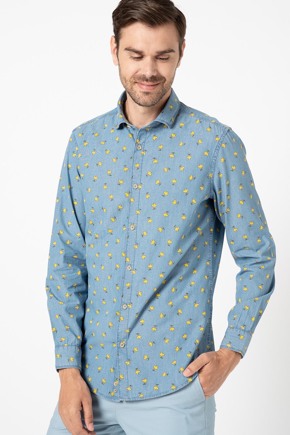 United Colors of Benetton, Camasa din denim cu imprimeu, Albastru/Galben