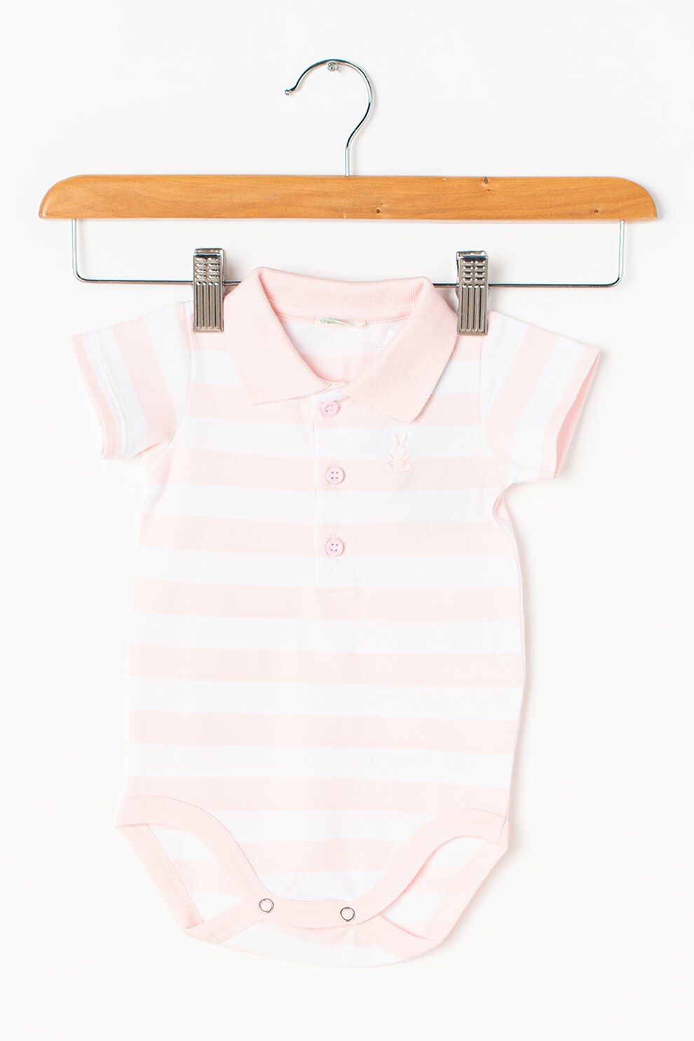 United Colors of Benetton, Body cu model in dungi si guler ascutit, Roz/Alb