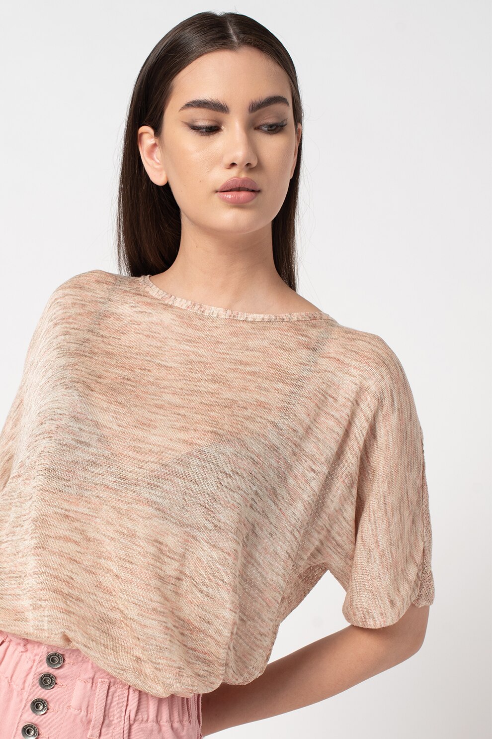 United Colors of Benetton, Bluza supradimensionata cu decolteu rotund, Roz/Maro