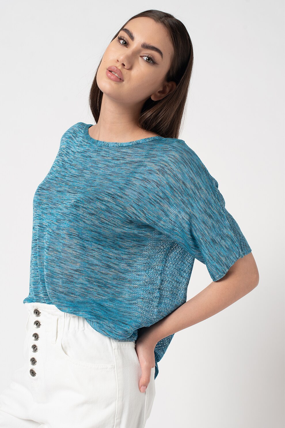 United Colors of Benetton, Bluza supradimensionata cu decolteu rotund, Albastru