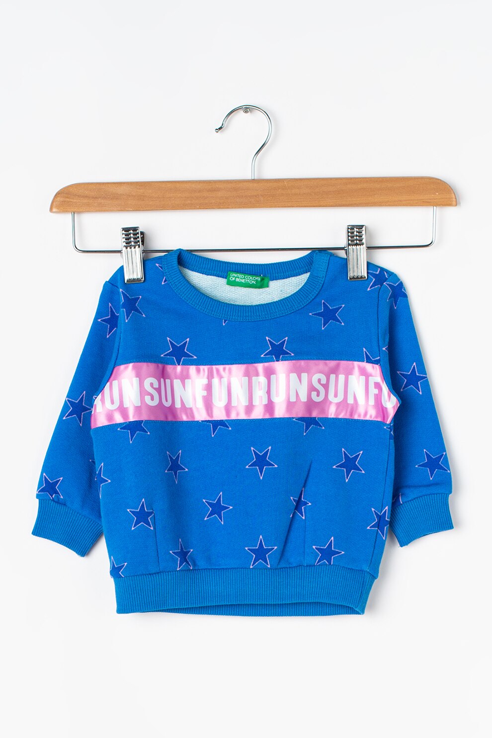 United Colors of Benetton, Bluza sport cu model si banda cu text, Albastru/Alb/Roz