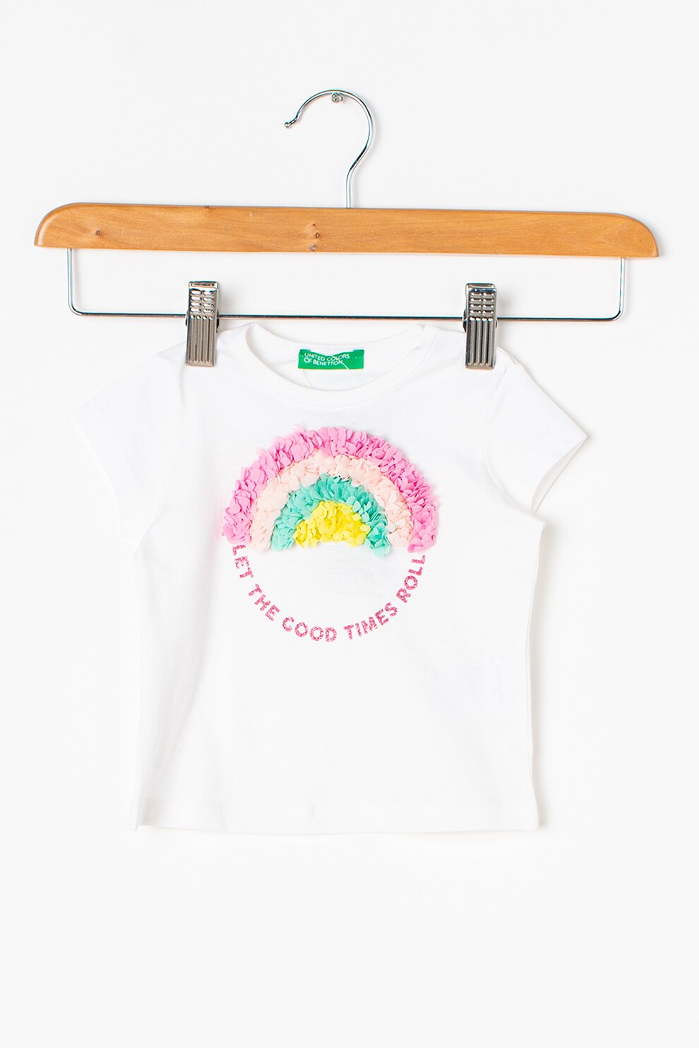 United Colors of Benetton, Tricou de bumbac cu aplicatie decorativa, Alb/Roz