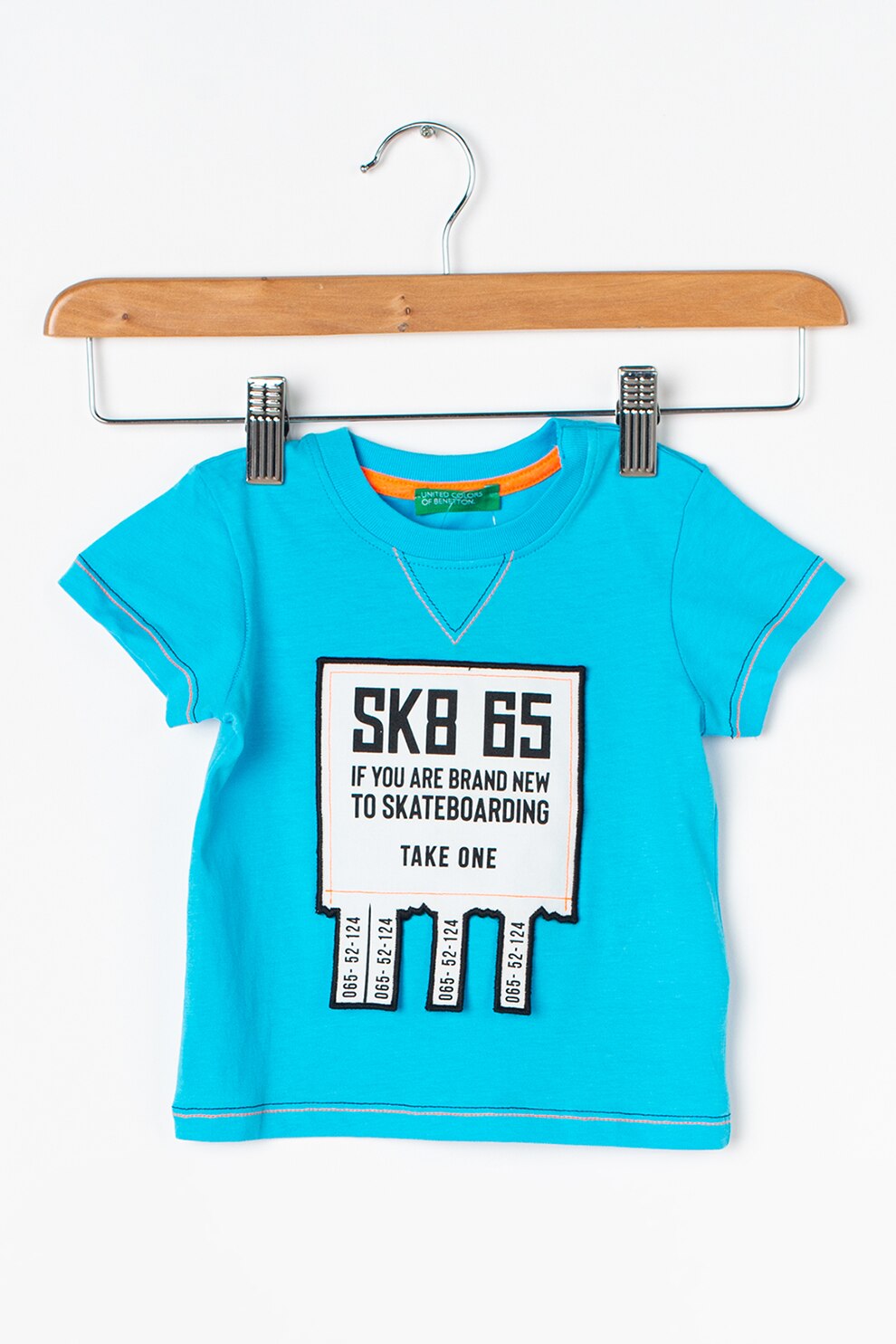 United Colors of Benetton, Tricou cu imprimeu text, Albastru aqua/Alb