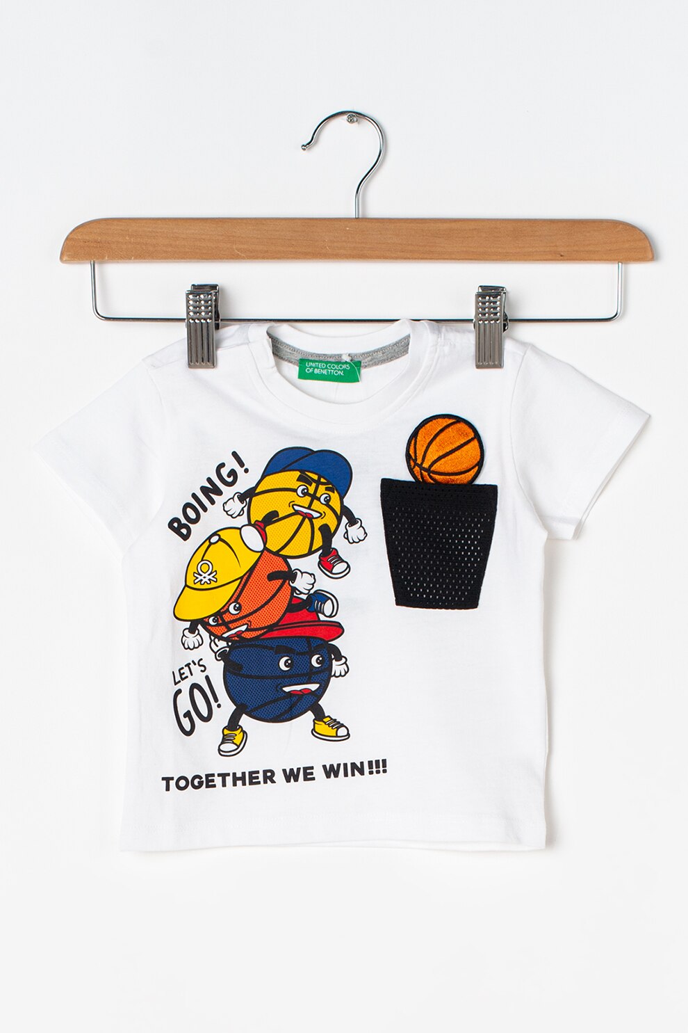 United Colors of Benetton,Tricou cu imprimeu si buzunar pe piept, Alb/Galben/Albastru