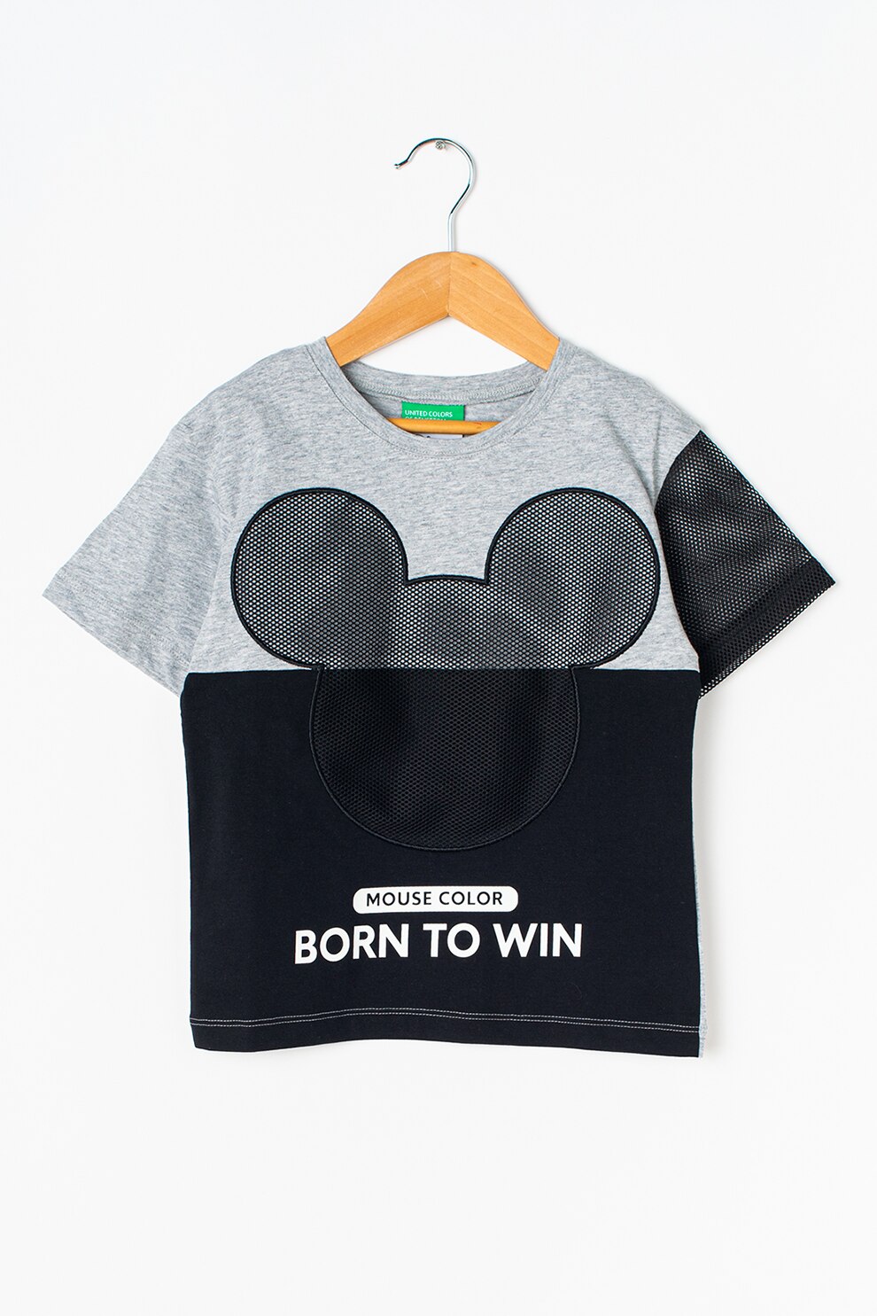 United Colors of Benetton, Tricou de bumbac cu insertie de plasa, Gri melange/Negru, 120 CM