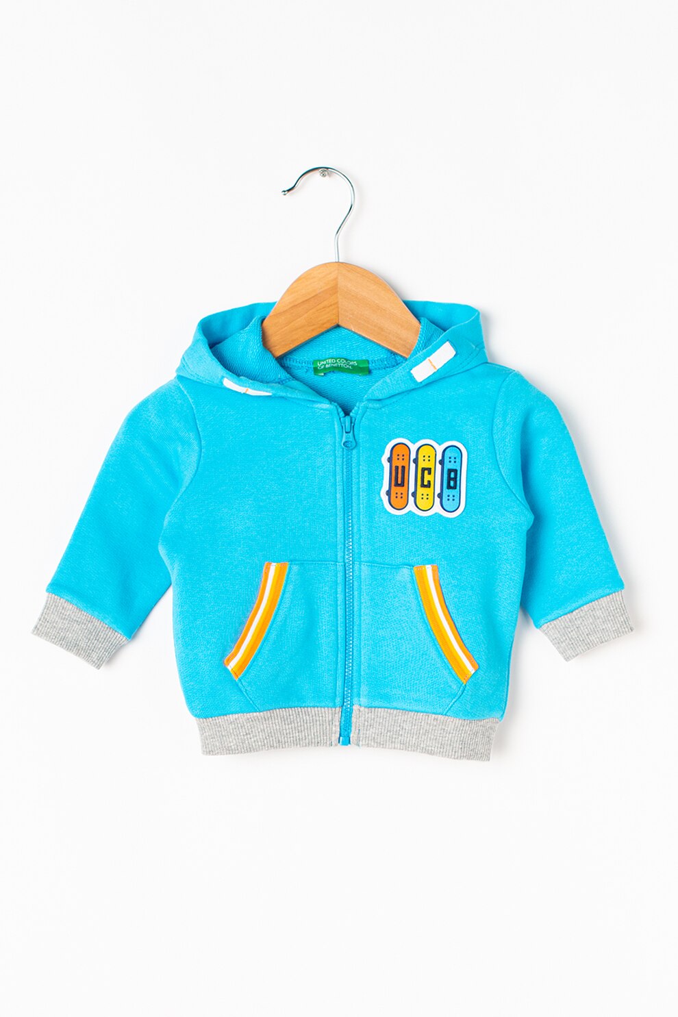 United Colors of Benetton, Hanorac cu imprimeu si logo brodat, 62 CM, Albastru/Oranj neon