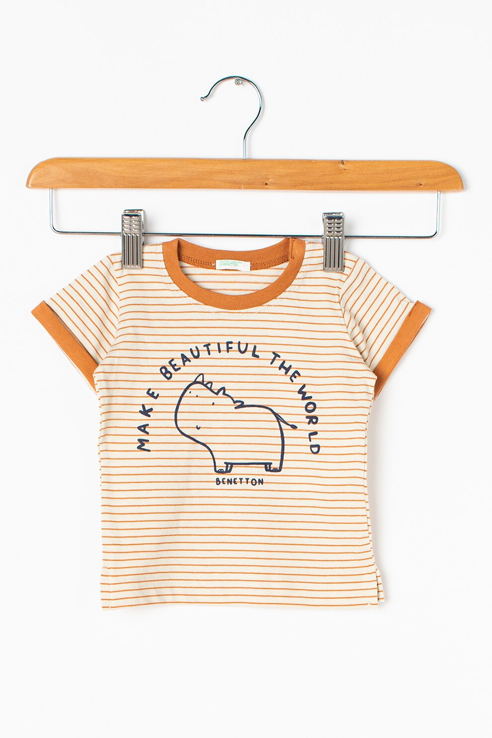 United Colors of Benetton, Tricou de bumbac organic cu dungi, Maro nisip/Maro scortisoara