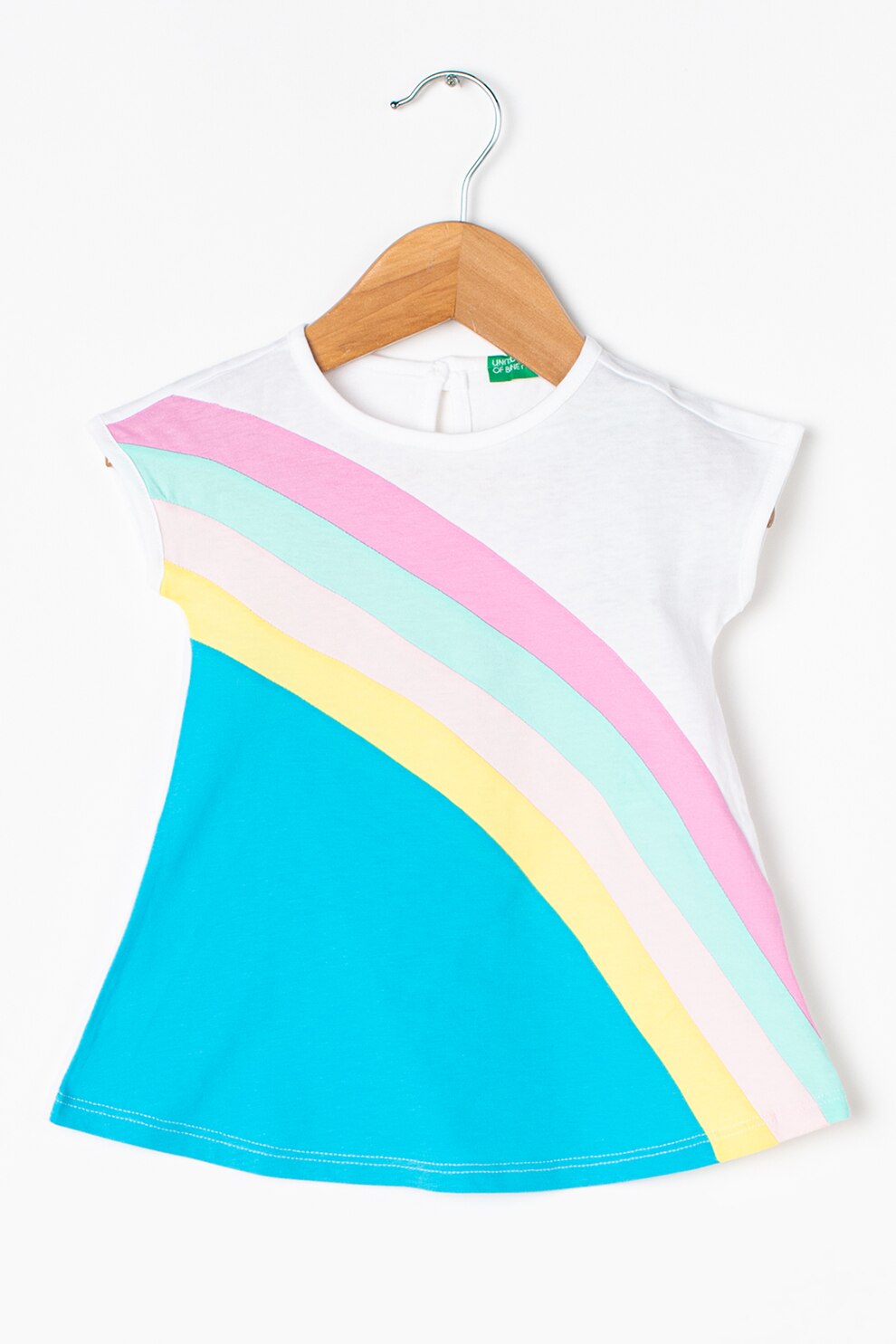 United Colors of Benetton, Rochie din jerseu cu croiala in A si model colorblock, Alb/Roz/Albastru