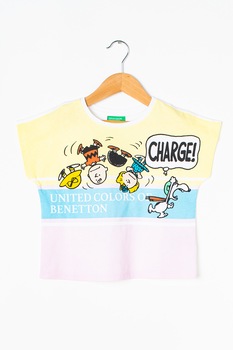 United Colors of Benetton, Tricou crop cu imprimeu cu tematica Snoopy, Alb/Galben/Albastru United Colors of Benetton, Tricou crop cu imprimeu cu tematica Snoopy, Alb/Galben/Albastru