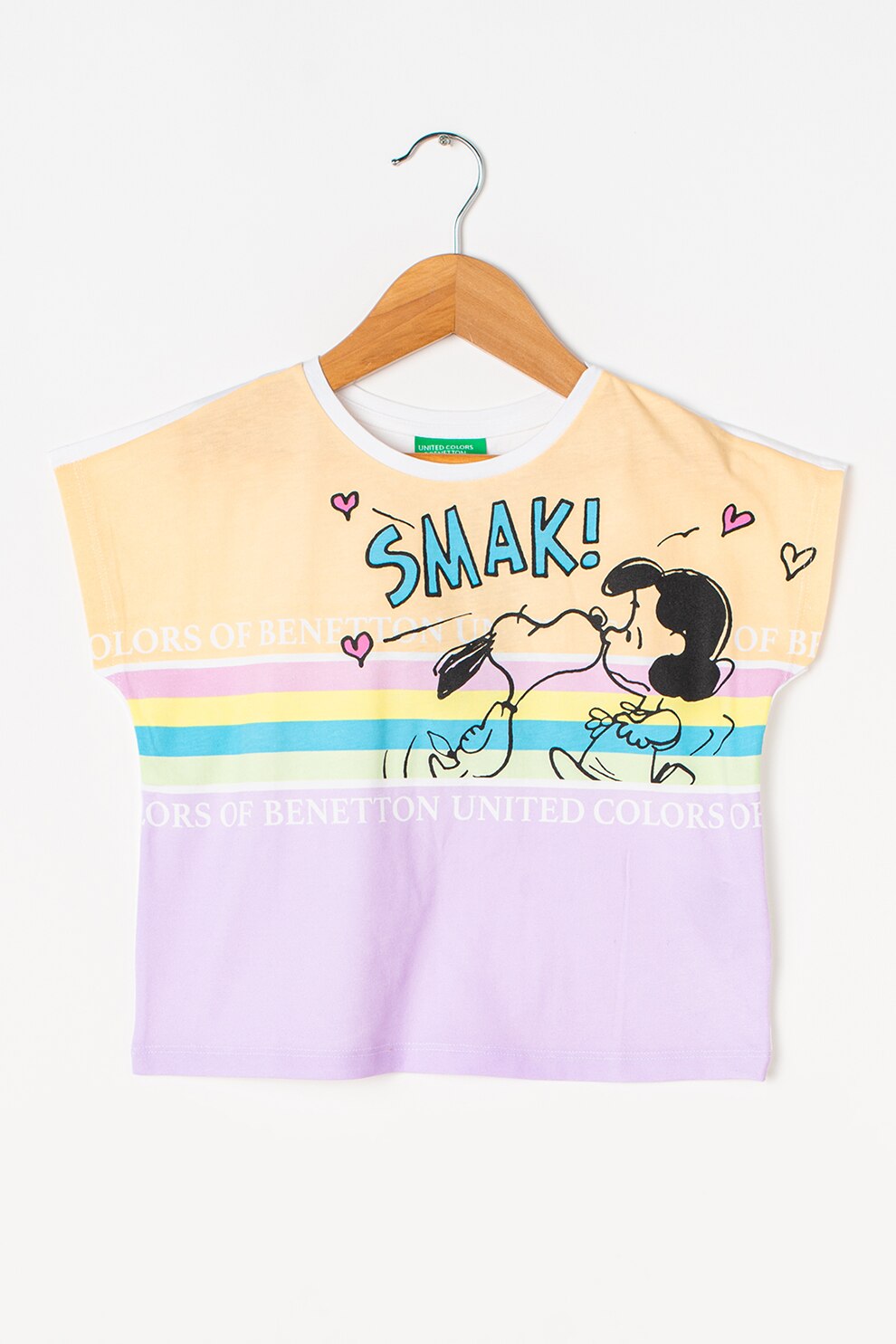 United Colors of Benetton, Tricou crop cu imprimeu cu tematica Snoopy, Alb/Verde/Oranj