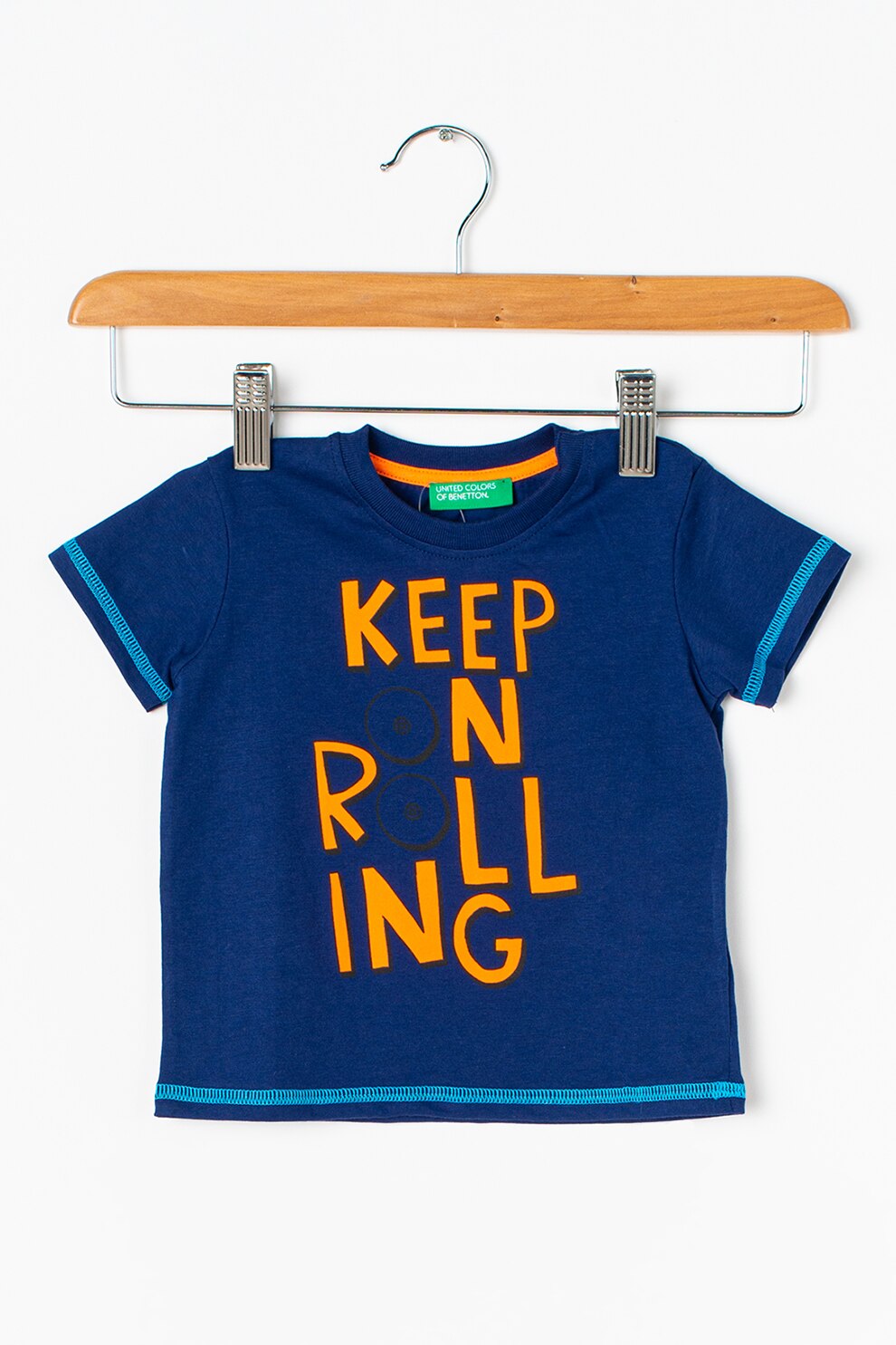 United Colors of Benetton, Tricou cu imprimeu grafic, Bleumarin/Oranj neon