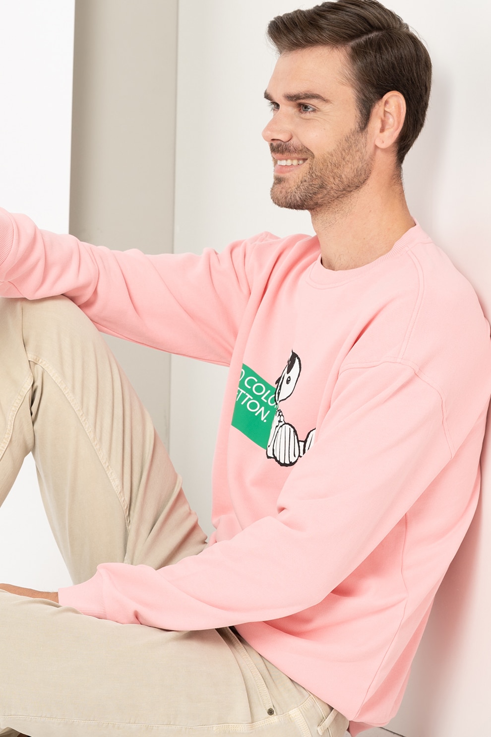 United Colors of Benetton, Bluza sport relaxed fit cu decolteu la baza gatului si imprimeu Snoopy, roz, alb, verde, 2XL