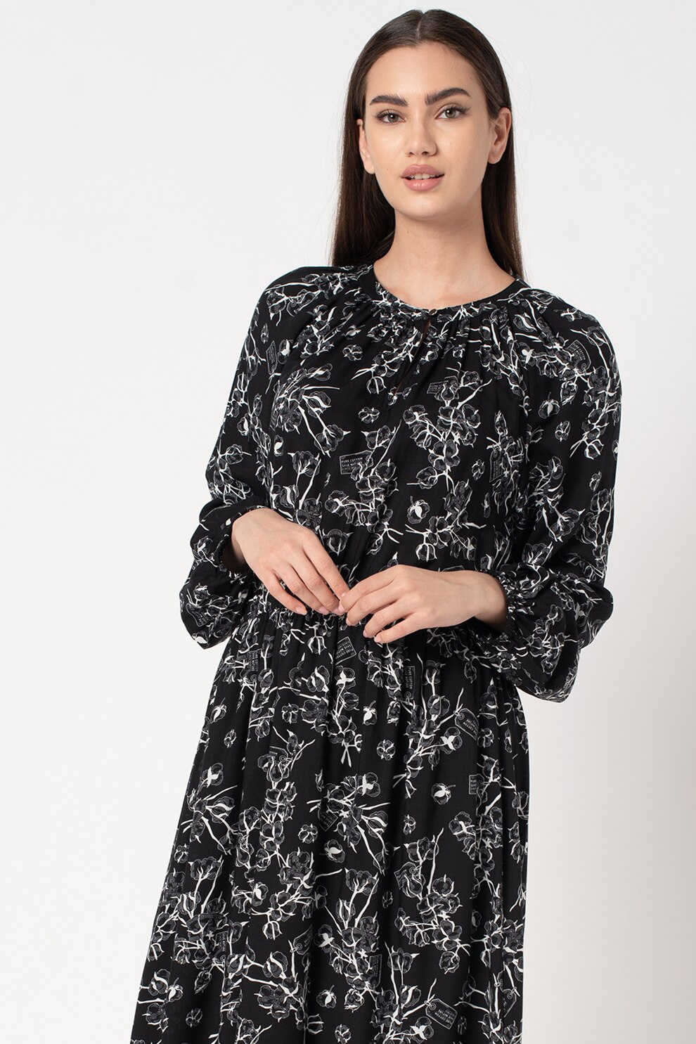 United Colors of Benetton, Rochie midi din modal cu imprimeu floral, Negru/Alb, XS