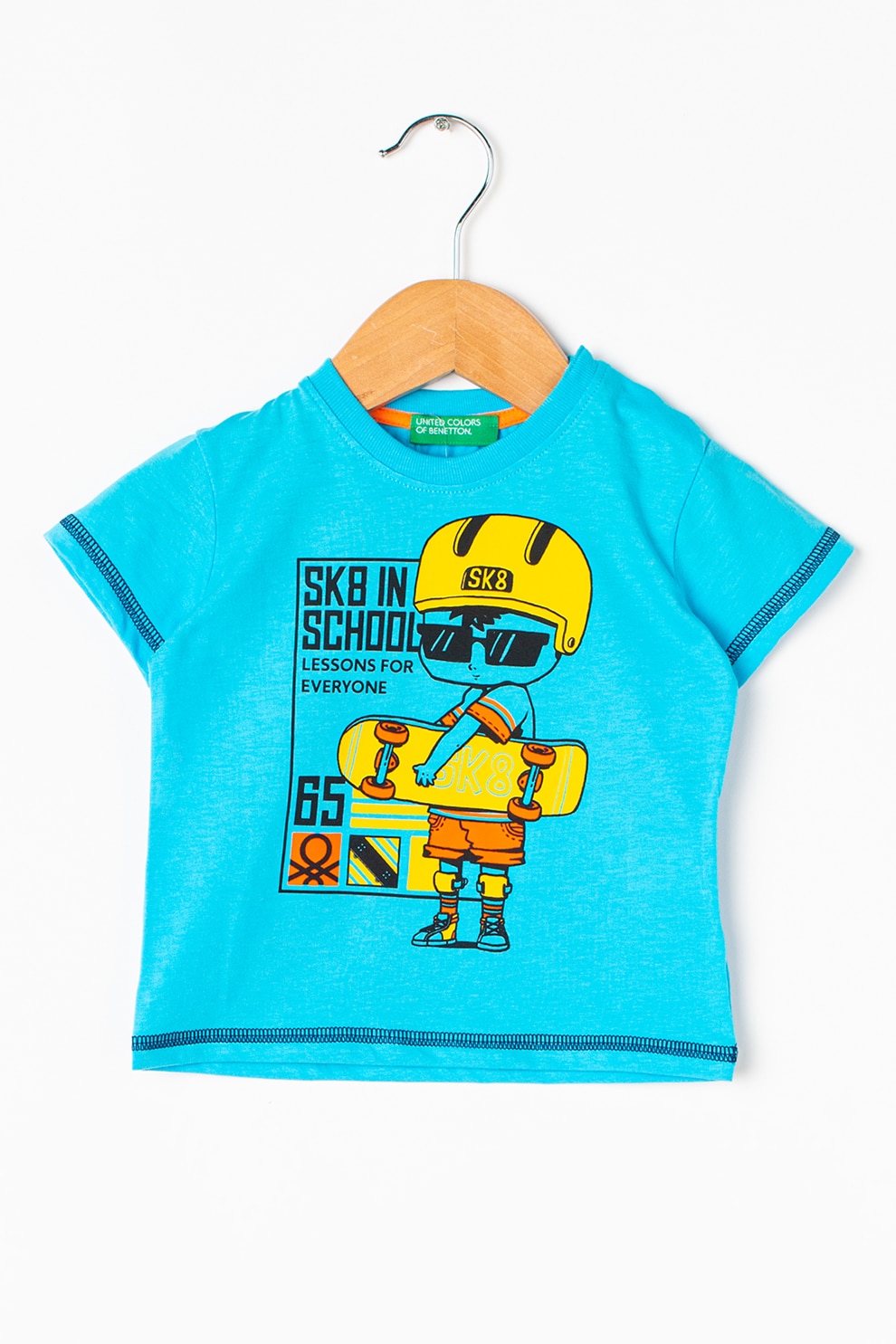 United Colors of Benetton, Tricou cu imprimeu grafic, albastru aqua, galben, oranj