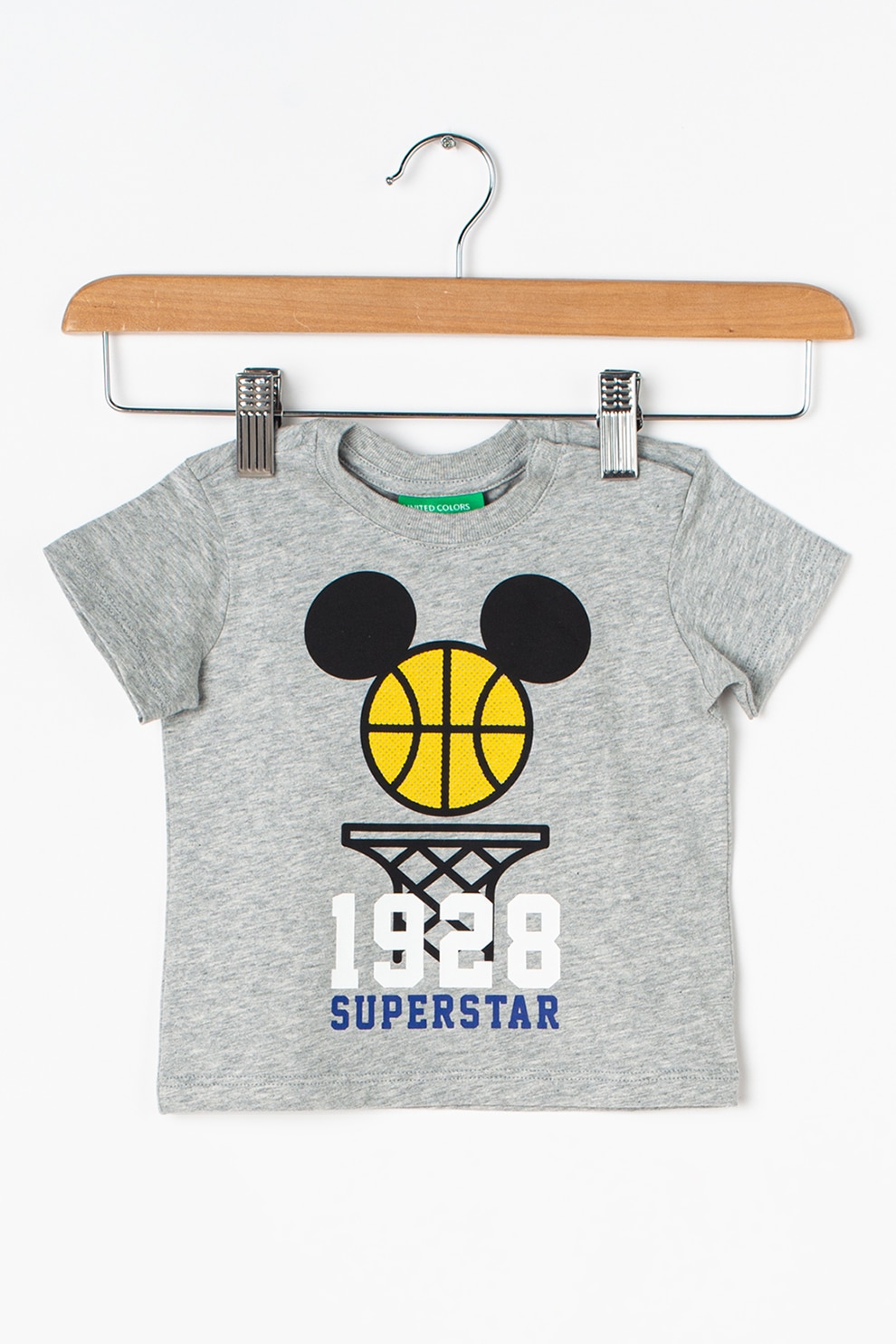 United Colors of Benetton, Tricou cu imprimeu grafic, Gri melange/Negru/Galben