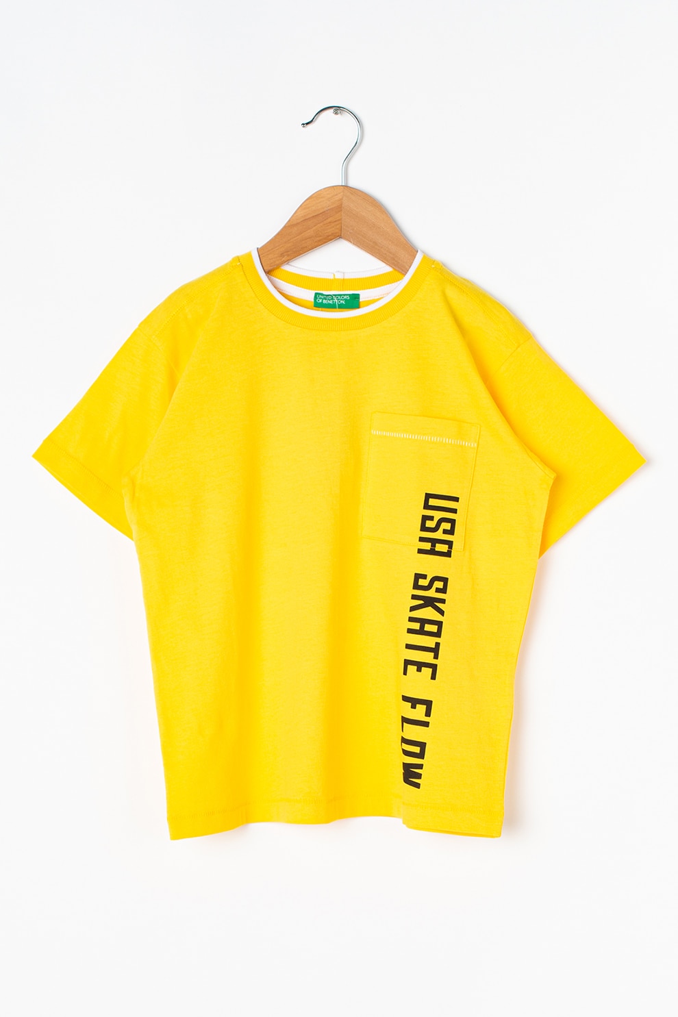 United Colors of Benetton, Tricou de bumbac cu buzunar pe piept, Galben/Negru