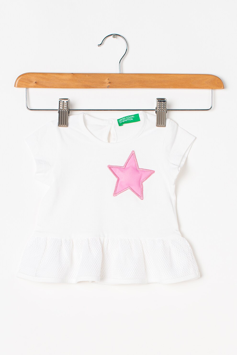 United Colors of Benetton, Tricou de bumbac cu terminatie evazata, Alb/Roz