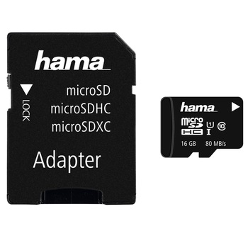 Card de memorie Hama MicroSDHC 16GB Class 10 UHS-I 80MB/s + Adaptor Card de memorie Hama MicroSDHC 16GB Class 10 UHS-I 80MB/s + Adaptor