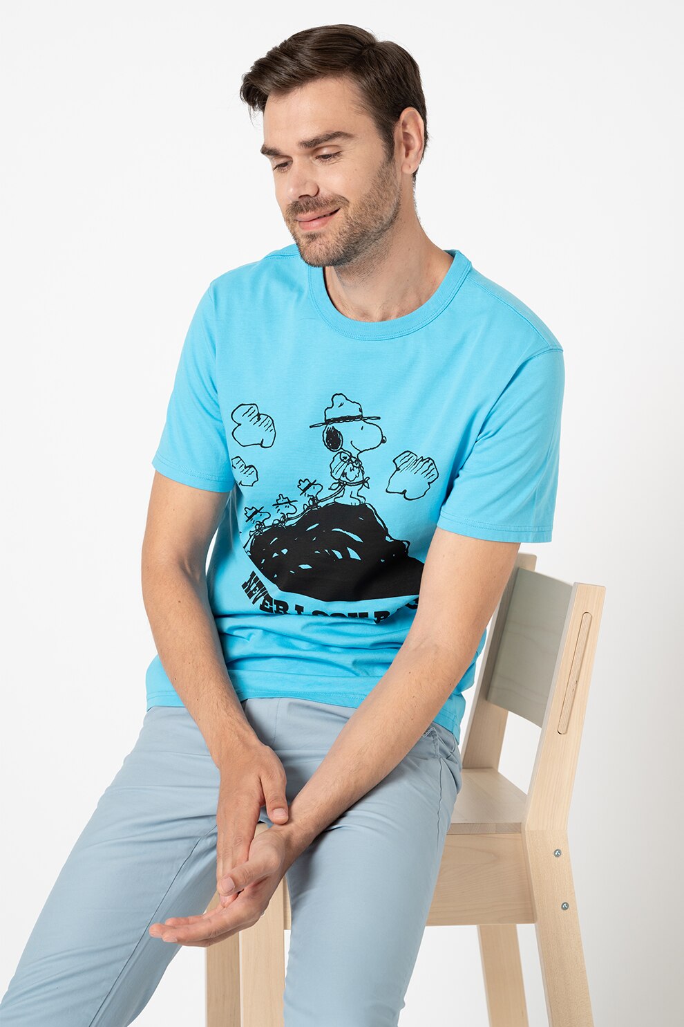 United Colors of Benetton, Tricou cu decolteu la baza gatului si imprimeu cu Snoopy, Aquamarin/Negru